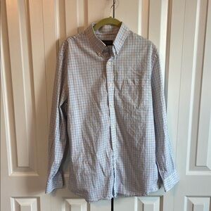 Classic Men's Plaid Long Sleeve Button Down Shirt, White and Blue and Red